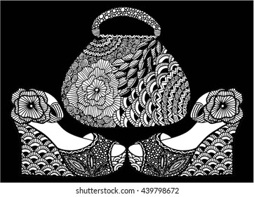 Set of high heels and handbag illustration doodle vector, hand drawing