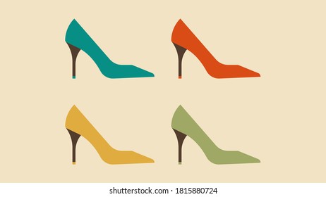 Set of high heels in retro style. Vector illustration of pumps in different colors.