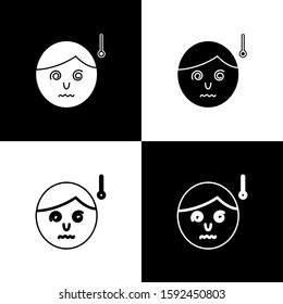 Set High human body temperature or get fever icon isolated on black and white background. Disease, cold, flu symptom.  Vector Illustration