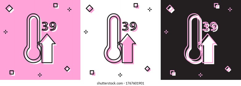 Set High human body temperature or get fever icon isolated on pink and white, black background. Disease, cold, flu symptom. Vector.