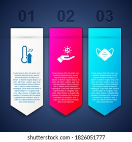 Set High human body temperature, Hand with virus and Medical protective mask. Business infographic template. Vector.