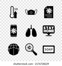 Set High Human Body Temperature, Medical Protective Mask, Clipboard With Blood Test Results, Earth Medical, Virus Under Magnifying Glass, Bar Of Soap, Statistics On Mobile And Lungs Icon. Vector