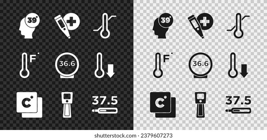 Set High human body temperature, Digital thermometer, Meteorology, Celsius, Medical,  and  icon. Vector