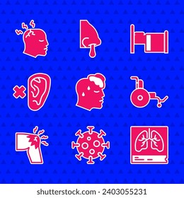 Set High human body temperature, Virus, Lungs x-ray, Wheelchair, Joint pain, knee pain, Deaf, Hospital bed and Man having headache icon. Vector