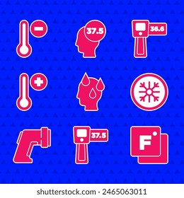 Establecer la temperatura alta del cuerpo humano, termómetro digital, Fahrenheit, copo de nieve, meteorología e icono. Vector
