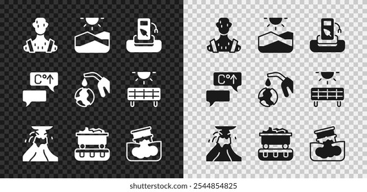 Ajuste a temperatura corporal humana alta, seca, posto de gasolina ou gasolina, erupção vulcânica com lava, vagão de trem de carvão, vazamento de óleo de barril, aquecimento global e bocal da bomba de gás e ícone do globo. Vetor