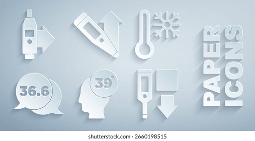 Ajuste a temperatura corporal humana alta, Termômetro com floco de neve, Termômetro médico, Digital e ícone. Vetor