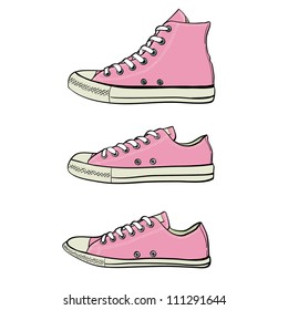 Set of high, low and slim sneakers drawn in a sketch style. Side view of three different kinds of sneakers. Vector illustration.