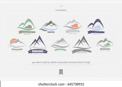 set of high mountains vector, vintage icons. travel and rock climbing concept logo. landscape grunge sign. mountain valley logotype. vector mountain peak hiking symbol. camping badge. outdoor icon