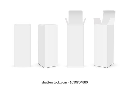 Set of high paper rectangular packaging boxes mockups with opened and closed lid, isolated on white background. Vector illustration