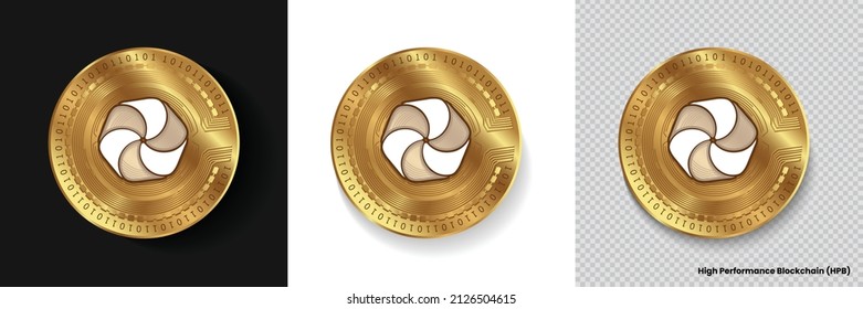Set of High Performance Blockchain HPB cryptocurrency logo symbol vector isolated on white, dark and transparent background. Can be used as golden coin sticker, icon, label, badge, print and emblem