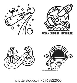 Set of High Performance Sports Logos and Conceptual Science Fiction Icons; Dynamic Athletic Branding for Track and Field Combined with Futuristic Space and Ocean Current Travel Vector Graphics