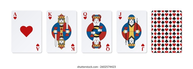 Set of high playing colored cards of Hearts.	
