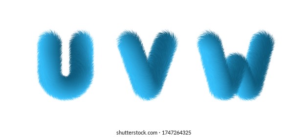 Set of High Quality 3D Shaggy Letter U V W on White Background . Isolated Vector Element