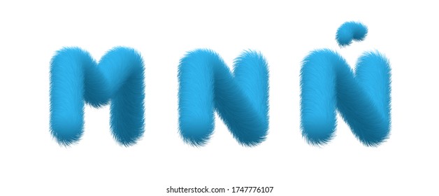 Set of High Quality 3D Shaggy Letter M N Ñ on White Background . Isolated Vector Element