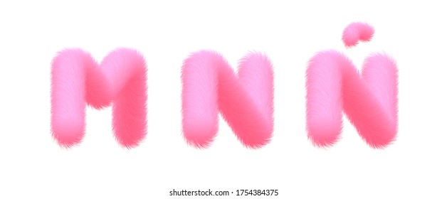 Set of High Quality 3D Shaggy Letter M N Ñ on White Background . Isolated Vector Element