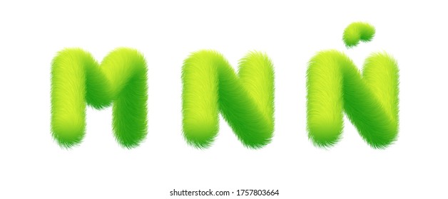 Set of High Quality 3D Shaggy Letter M N Ñ on White Background . Isolated Vector Element