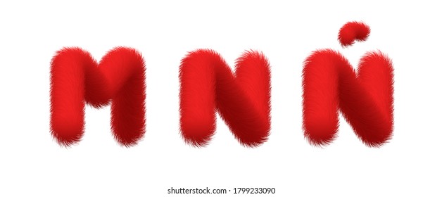 Set of High Quality 3D Shaggy Letter M N Ñ on White Background . Isolated Vector Element