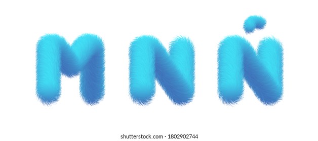 Set of High Quality 3D Shaggy Letter M N Ñ on White Background . Isolated Vector Element