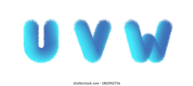 Set of High Quality 3D Shaggy Letter U V W on White Background . Isolated Vector Element