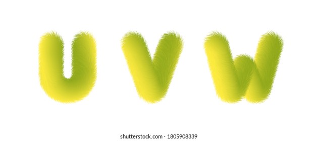 Set of High Quality 3D Shaggy Letter U V W on White Background . Isolated Vector Element