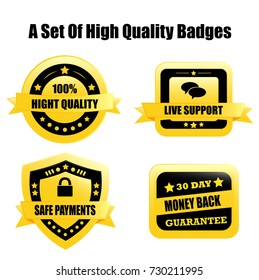 A Set Of High Quality Badges. there are four yellow and black modern badges: 100% high quality, live support, safe payments, 30 day money back guarantee.