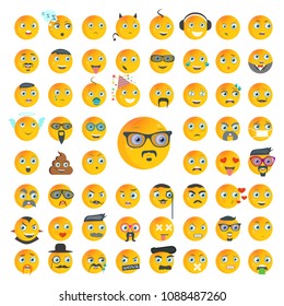 Set of high quality cartoon emotions icons. ?ollection of 61 icon of emoji, faces with different expressions of emotions. Vector illustration.