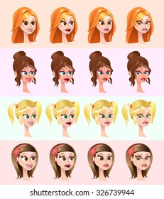 Set of High Quality Cartoon Head Girl Expressions. Isolated Vector Elements.