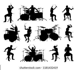 A set of high quality detailed drummer and drum kit musician silhouettes