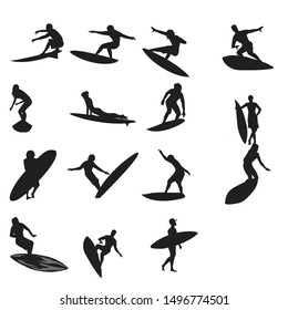 A set of high quality detailed silhouettes of a surfer surfing the waves on his surfboard