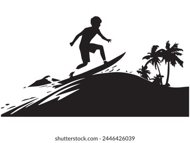 A set of high quality detailed silhouettes of a surfer surfing the waves on his surfboard