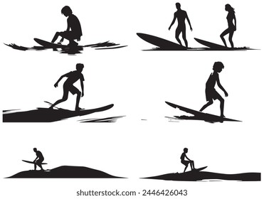 A set of high quality detailed silhouettes of a surfer surfing the waves on his surfboard