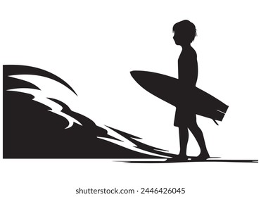 A set of high quality detailed silhouettes of a surfer surfing the waves on his surfboard