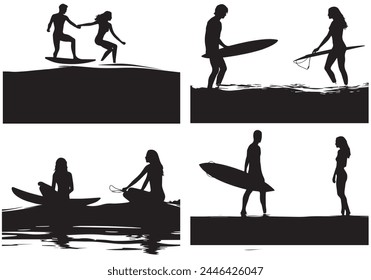 A set of high quality detailed silhouettes of a surfer surfing the waves on his surfboard
