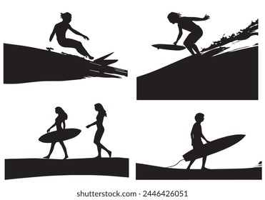 A set of high quality detailed silhouettes of a surfer surfing the waves on his surfboard