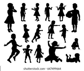 A set of high quality detailed silhouettes of kids or children in various poses