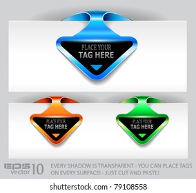Conjunto de etiquetas de papel de flecha brillante de alta calidad con espacio para el texto y sombras transparentes. ¡Basta con copiar y pegar en cualquier superficie!