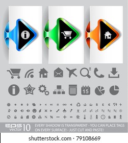 Conjunto de etiquetas de papel de flecha brillante de alta calidad con espacio para su icono o texto y sombras transparentes. ¡Basta con copiar y pegar en cualquier superficie!