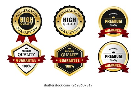 Conjunto de insignias de garantía de alta calidad - Colección de Premium Gold, Black and White Label con diseño de cinta y emblema para certificación de Producto y marca