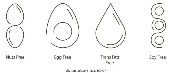 Set of high quality minimalist warning icons for product packaging: nuts free, eggs free, trans fats free, soy free. Pixel perfect. 