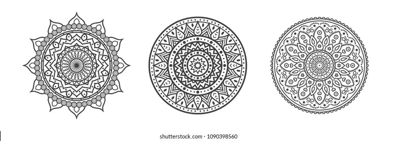 Set of High Quality Modern Decorative Oriental Black Mandala on White Background . Isolated Vector Elements