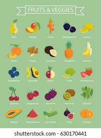 Set of high quality modern flat vector icons on fruits, berries and vegetables. Smoothie ingredients. Healthy diet food illustrations. Highly beneficial fruits: avocado, pineapple, blueberry, etc.