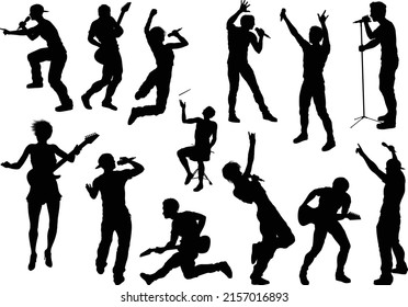 A set of high quality musician silhouettes with rock or pop band or hiphop rapper, singers, drummers, and guitarists