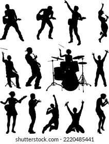 A set of high quality musicians, rock or pop band singers, drummers, and guitarists silhouettes