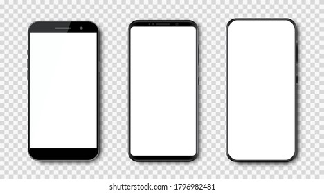 Set high quality realistic trendy different black models smartphone with white empty touch screen, evolution of smartphones. Detailed mockup smartphone, model mobile - stock vector