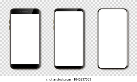 Set high quality realistic trendy different black models smartphone with white empty touch screen, evolution of smartphones. Detailed mockup smartphone, model mobile - vector