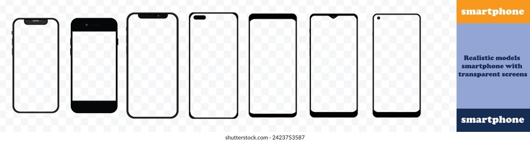 Establezca un smartphone de alta calidad realista de moda de diferentes modelos en negro con pantalla táctil vacía blanca y vista frontal de sombra. smartphone detallado para burlarse, teléfono móvil 3D modelo, ui, ux, vista frontal - vector