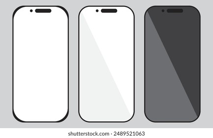 Set high quality realistic trendy different black models smartphone with empty touch screen front view icon. Detailed line mockup smartphone sign, linear model mobile phone, app, ui, ux - vector