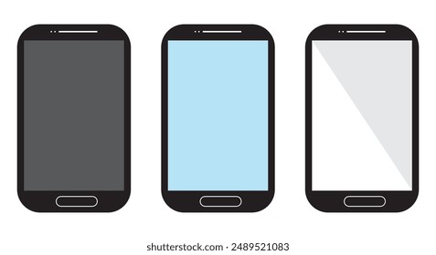 Set high quality realistic trendy different black models smartphone with empty touch screen front view icon. Detailed line mockup smartphone sign, linear model mobile phone, app, ui, ux - vector