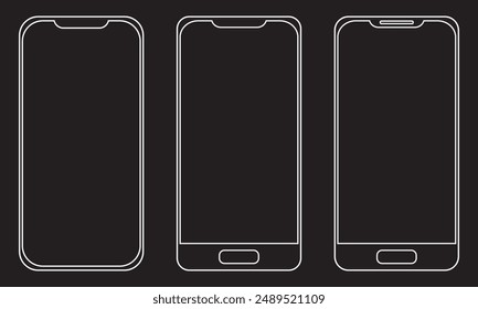 Set de alta calidad realista de moda diferentes modelos de smartphone negro con pantalla táctil vacía icono de vista frontal. Signo detallado del smartphone de la maqueta de la línea, teléfono móvil del modelo lineal, App, ui, ux - Vector